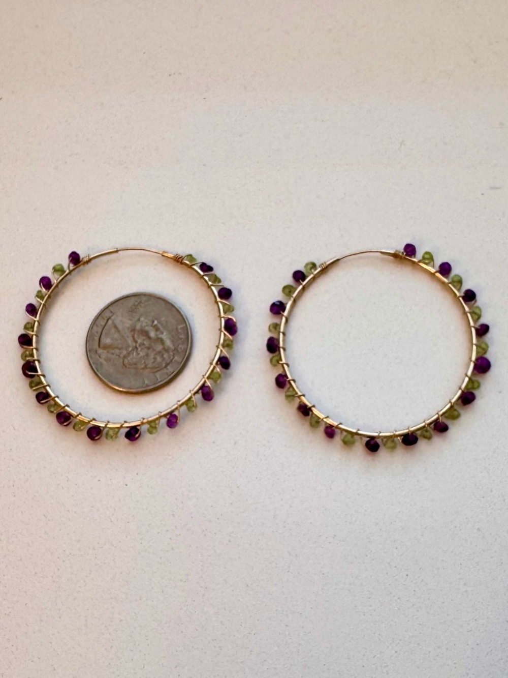 Beautiful 14k GF Amethyst & Peridot Wire-Wrapped Hoop Earrings - Picture 3 of 6